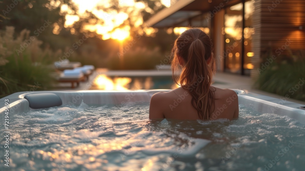 Sérénité au coucher du soleil : Moment paisible dans un bain à remous en pleine nature