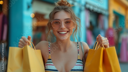 Shopping sous le soleil : Femme souriante en chapeau, lunettes, et top rayé avec des sacs jaunes photo