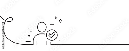Checked User line icon. Continuous one line with curl. Profile Avatar with Tick sign. Person silhouette symbol. Identity confirmed single outline ribbon. Loop curve pattern. Vector