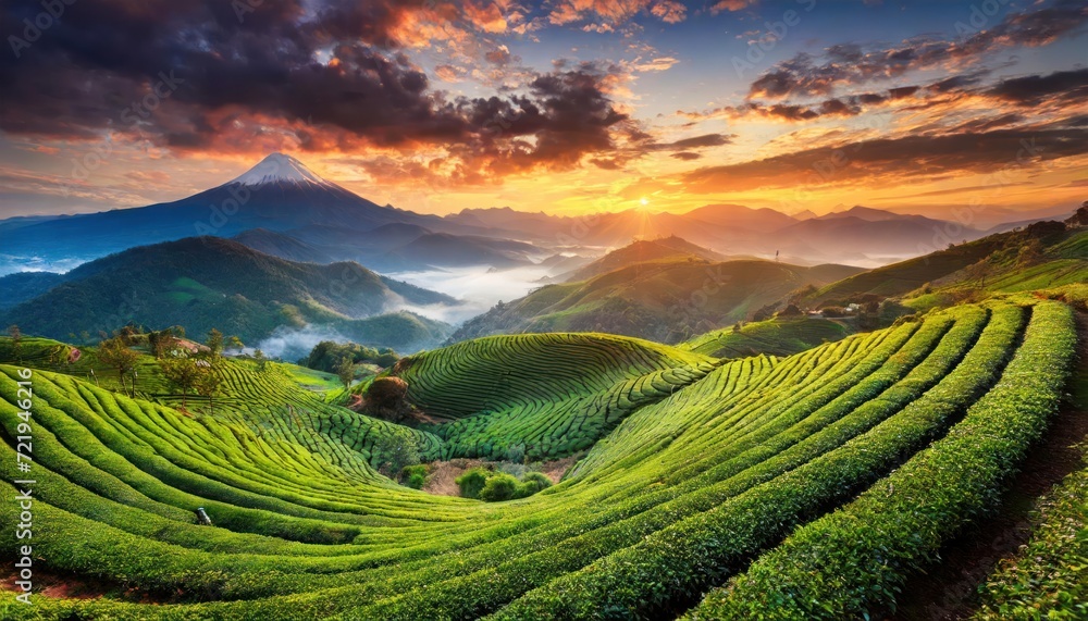 Green tea plantation at sunrise time, nature background. yangzhou jade dragon snow mountains