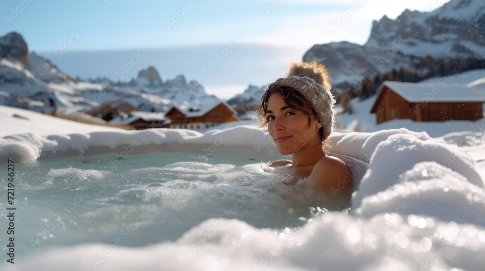 Détente hivernale : Bain chaud en plein air, entouré d'une nature enneigée Détente hivernale : Bain chaud en plein air, entouré d'une nature enneigée
