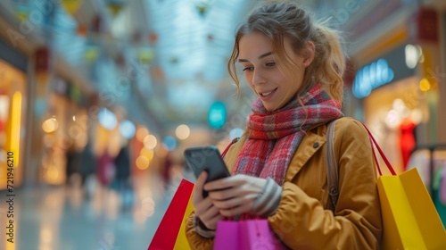 Joyeuse séance shopping : Personne souriante avec smartphone et sacs, ambiance chaleureuse du centre commercial
