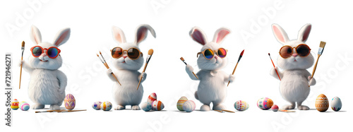 Cute easter bunny wearing sunglasses holding a paint brush with eggs collection transparent background