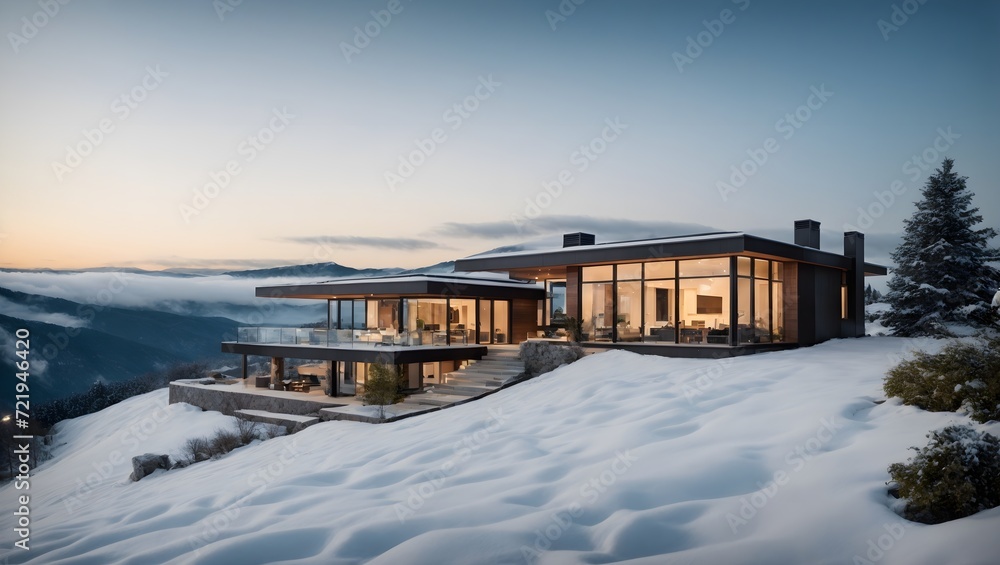 Modern House Architecture Design On Mountain Snow