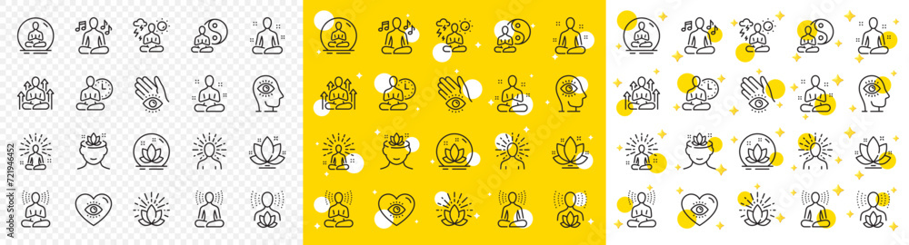 Fototapeta premium Body balance, person relax and energy meditation set. Yoga meditation line icons. Mind harmony, health meditate and self concentrate line icons. Listen relax sound, yoga mind therapy. Vector