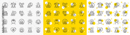 Body balance, person relax and energy meditation set. Yoga meditation line icons. Mind harmony, health meditate and self concentrate line icons. Listen relax sound, yoga mind therapy. Vector