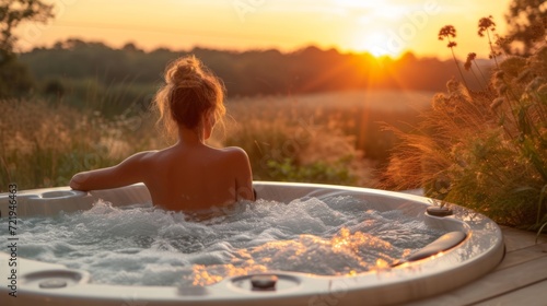 Sérénité au coucher du soleil : Moment paisible dans un bain à remous en pleine nature