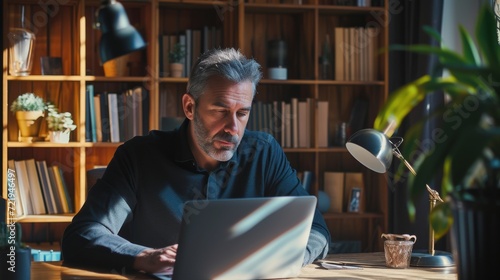 A studious man sits at his cluttered desk, surrounded by books and furniture, as he diligently works on his laptop, surrounded by a towering bookcase and a neatly organized shelf photo