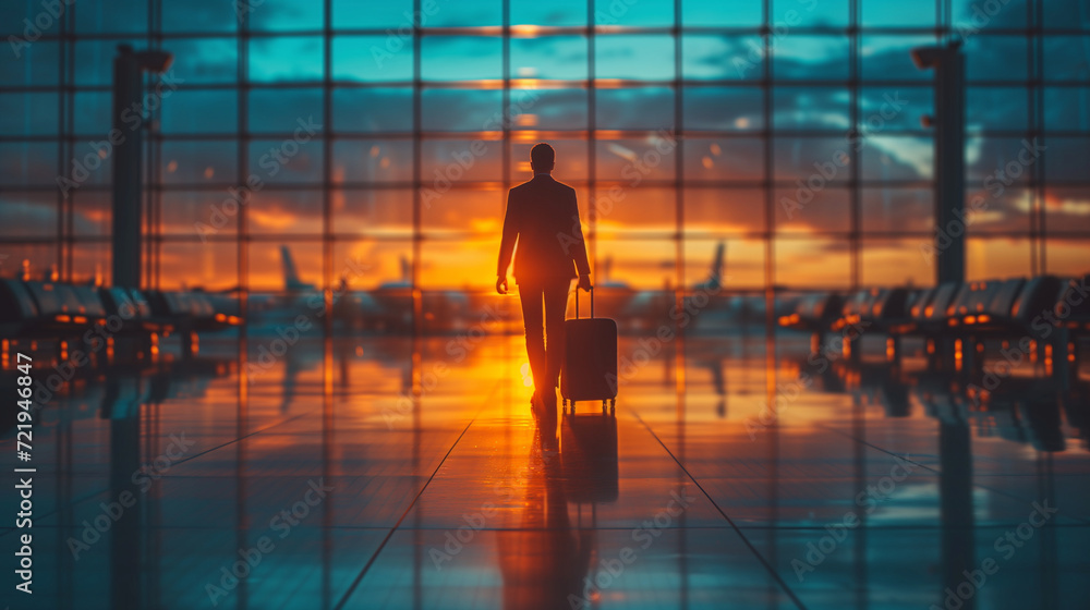 busines man walking at the airport with luggage trolley at sunset busines man walking at the airport with luggage trolley at sunset