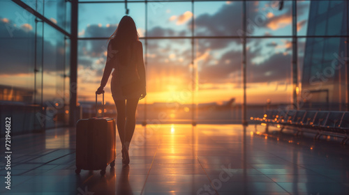 bisines woman at airport, women walking with luggage trolley at the airport during sunset, female with bagage trolley photo