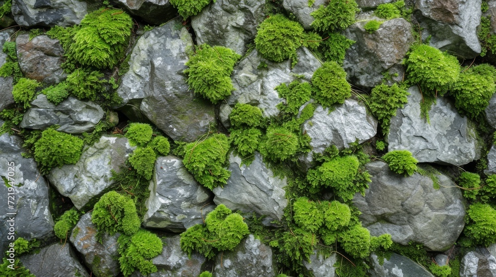 A lush oasis emerges from the rugged landscape, as vibrant moss and lichen adorn the ancient stone walls like a living tapestry of nature's resilience