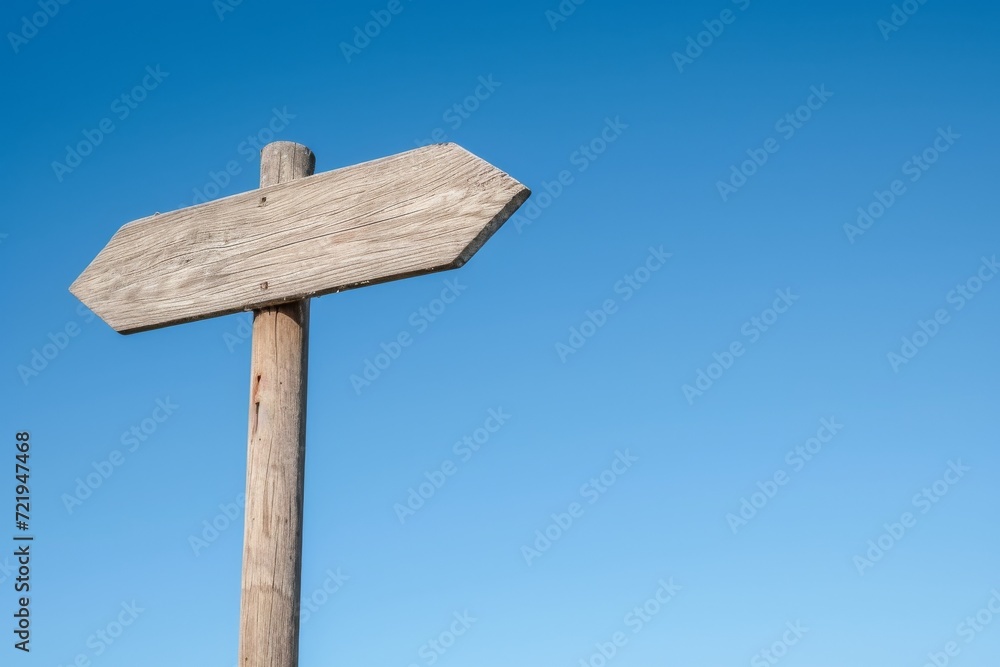 Guiding the way to endless possibilities under a vibrant blue sky, the wooden sign post stands tall on the quiet street Guiding the way to endless possibilities under a vibrant blue sky, the wooden sign post stands tall on the quiet street
