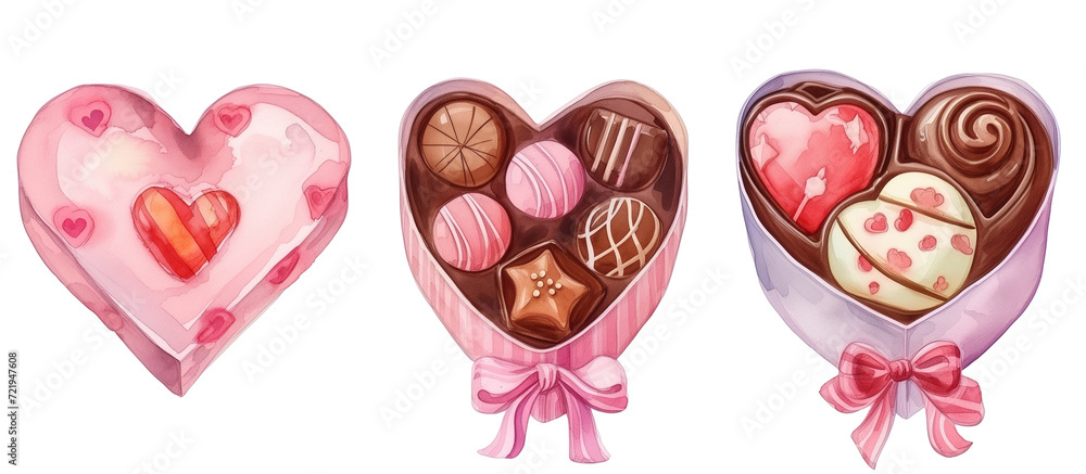 Set of watercolor chocolates in gift Heart pink box illustration isolated on transparent background Set of watercolor chocolates in gift Heart pink box illustration isolated on transparent background