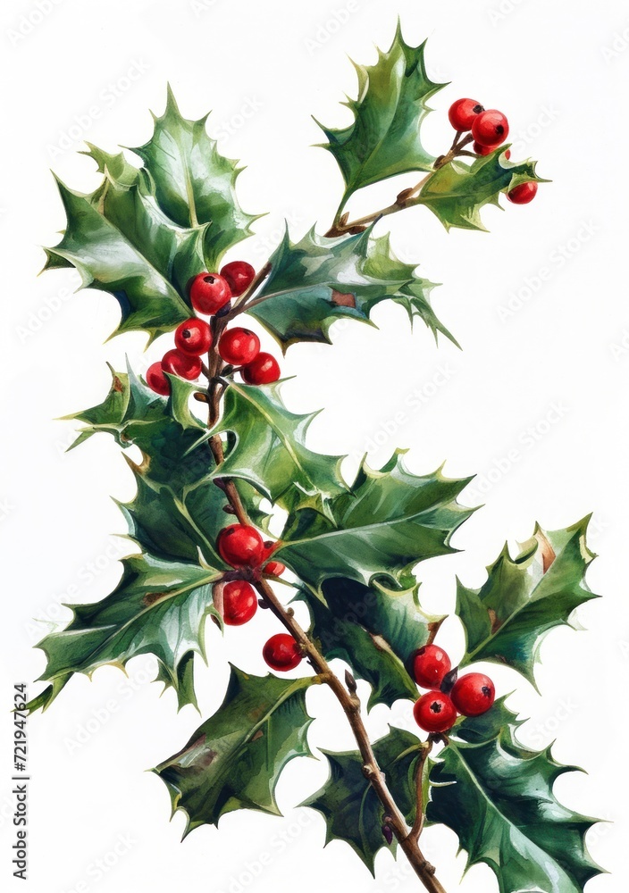a painting of a holly branch with red berries a painting of a holly branch with red berries