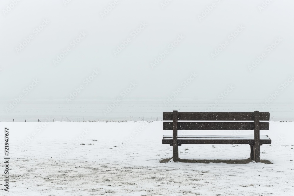 A solitary bench braves the winter's icy grip, its stoic presence contrasting against the serene landscape of snow-covered ground and a clear sky reflecting on the frozen water A solitary bench braves the winter's icy grip, its stoic presence contrasting against the serene landscape of snow-covered ground and a clear sky reflecting on the frozen water