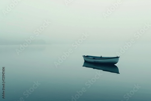 A solitary boat glides through the serene fog, its reflection a mirror of the misty landscape, a tranquil transport amidst the vastness of the water and sky
