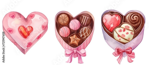 Set of watercolor chocolates in gift Heart pink box illustration isolated on transparent background