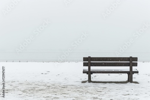 A solitary bench braves the winter's icy grip, its stoic presence contrasting against the serene landscape of snow-covered ground and a clear sky reflecting on the frozen water