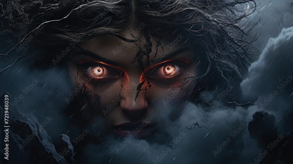 a woman with dark hair and glowing eyes