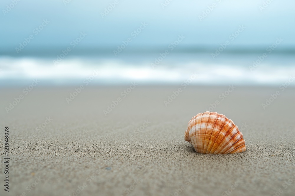 A solitary shell rests upon the sandy beach, a reminder of the diverse and delicate invertebrate creatures that call the ocean's coast home A solitary shell rests upon the sandy beach, a reminder of the diverse and delicate invertebrate creatures that call the ocean's coast home