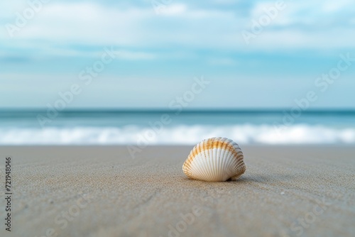 A lone seashell, a testament to the tenacity of invertebrate life, rests peacefully on the sandy shore as the vast ocean and endless sky provide a stunning backdrop