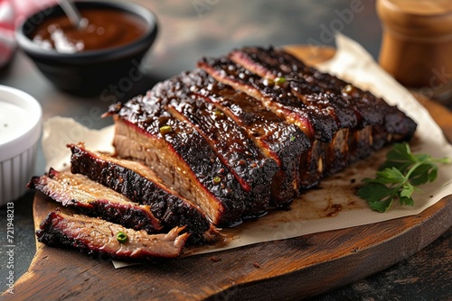 Succulent barbeque beef brisket, smoked to perfection, flavor symphony