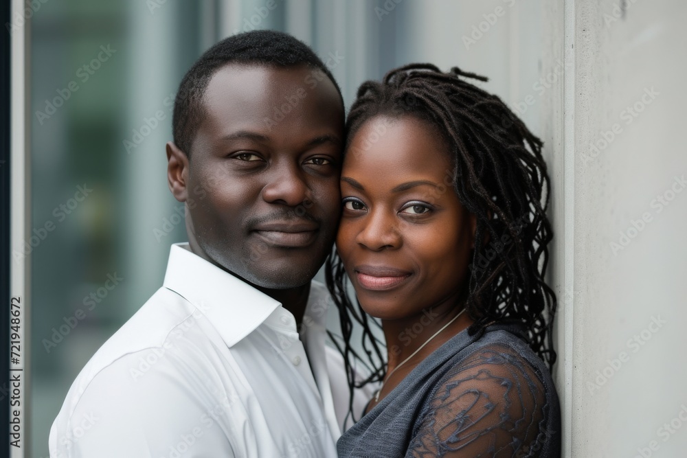 A joyful couple captures a moment of love and style, standing against a vibrant wall, their human faces adorned with radiant smiles and unique dreadlocks A joyful couple captures a moment of love and style, standing against a vibrant wall, their human faces adorned with radiant smiles and unique dreadlocks