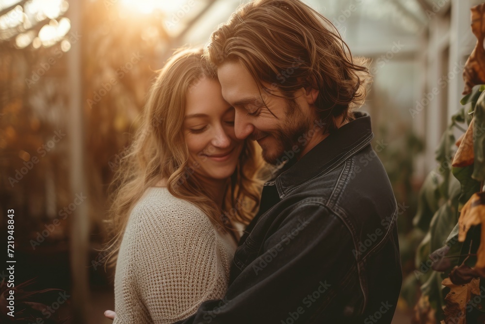 Fototapeta premium Amidst the autumn leaves and winter chill, a person embraces their love with a smile, standing in the outdoors, their faces radiating pure happiness as they share a tender kiss