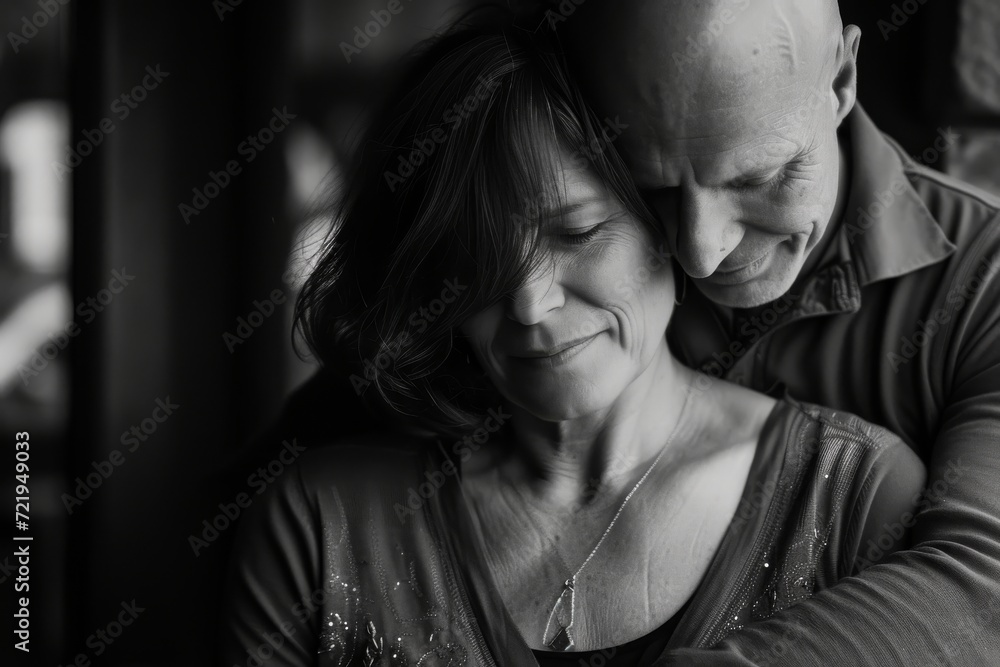 A black and white portrait captures the genuine smile and tender embrace between a man and woman, showcasing the intimate connection and raw emotion shared between two individuals A black and white portrait captures the genuine smile and tender embrace between a man and woman, showcasing the intimate connection and raw emotion shared between two individuals