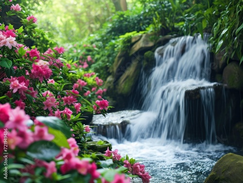 a waterfall surrounded by flowers