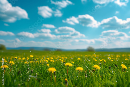 Beautiful meadow field with fresh grass and yellow dandelion flowers in nature against a blurry blue sky with clouds. 