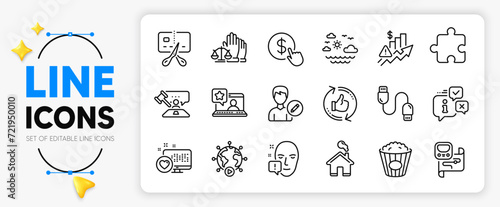 Popcorn, Judge hammer and Puzzle line icons set for app include Buy currency, Court jury, Home outline thin icon. Refresh like, Info, Charging cable pictogram icon. Heart. Vector