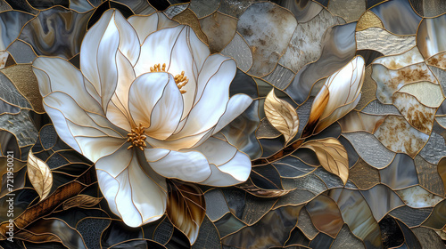 Stained glass White Magnolia beautiful Gold background as wallpaper illustration, Stained glass spring decoration, Elegant White Gold Flower