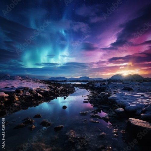 a snowy landscape with a body of water and colorful sky