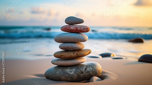 A stunning photograph of a stack of rocks on the shore