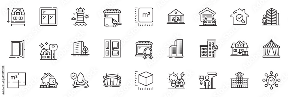 Icons pack as Agent, Window and House dimension line icons for app include Open door, Entrance, Painter outline thin icon web set. Loan house, Hospital building, Home facility pictogram. Vector Icons pack as Agent, Window and House dimension line icons for app include Open door, Entrance, Painter outline thin icon web set. Loan house, Hospital building, Home facility pictogram. Vector