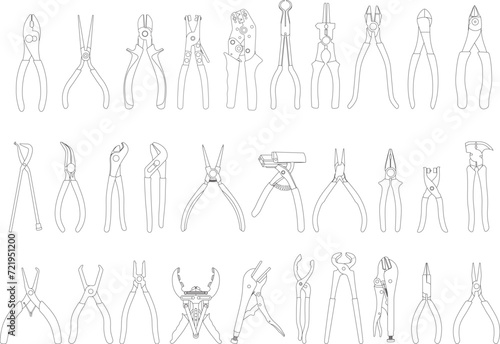 Hand drawn Kids drawing Cartoon Vector illustration Set Different Types pliers icon Isolated on White Background
