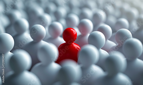 A red human shape among the white stands out from the crowd of others. It symbolizes exceptionality, uniqueness and being different.
