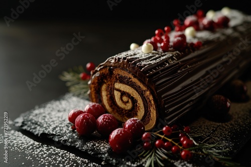 a chocolate log cake with berries on top
