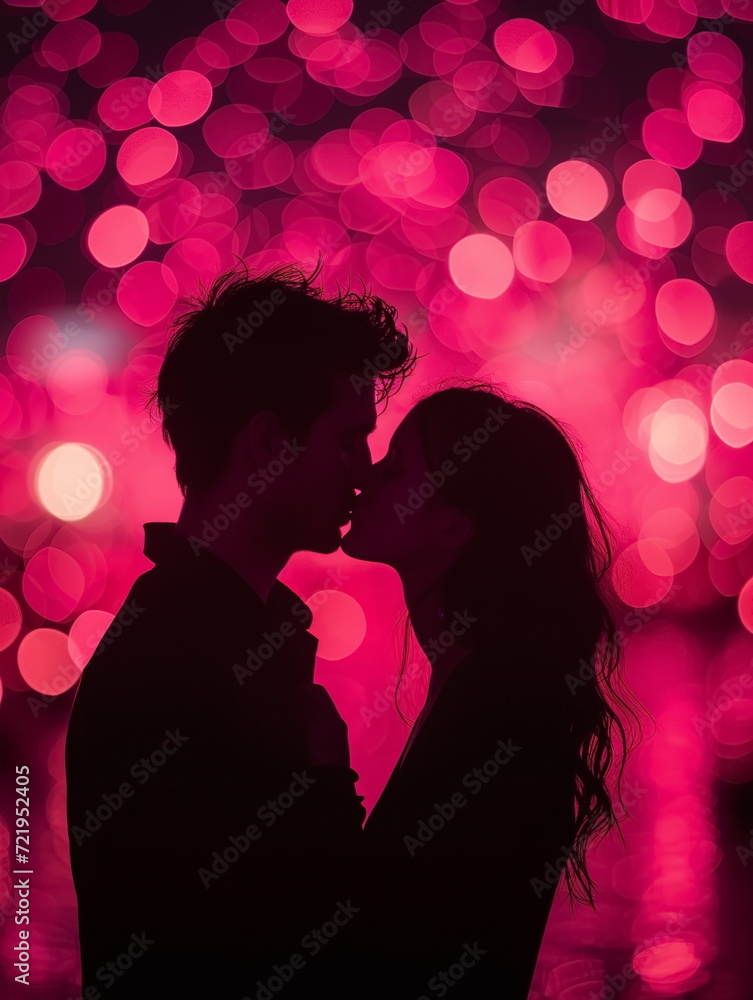 Close up silhouette of couple kissing at sunset. Man and woman couple kissing. Pink Bokeh. Generated AI.