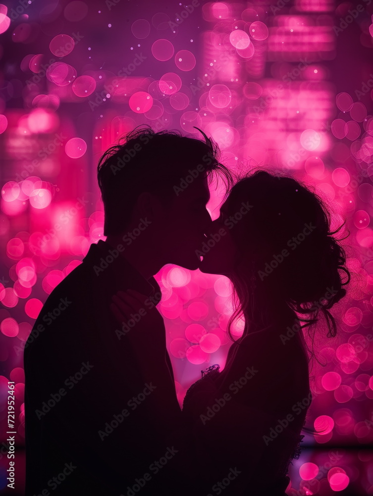 Close up silhouette of couple kissing at sunset. Man and woman couple kissing. Pink Bokeh. Generated AI.