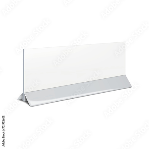 Horizontal countertop promotional banner stand realistic mockup. Tabletop name plate holder vector mock-up. Blank white nameplate display template