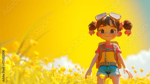 A spirited 3D young girl character, full of curiosity and a thirst for adventure, always seeking new discoveries and thrills.