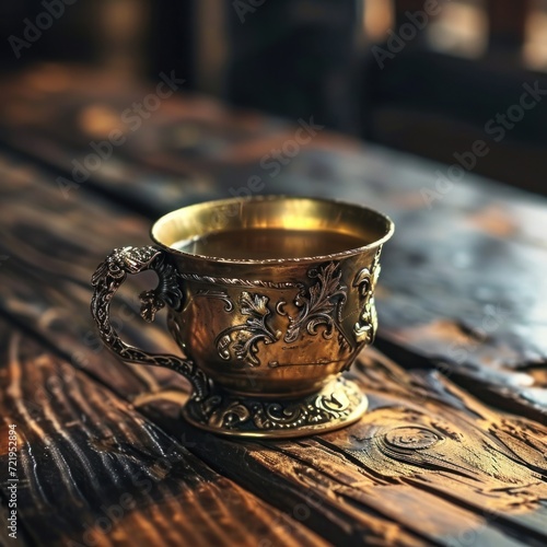 a gold cup with a handle on a wooden surface