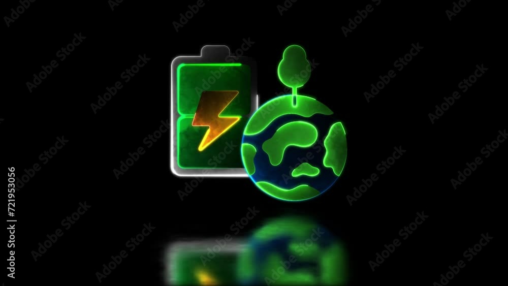 Looping neon glow effect Battery charger icon and earth, clean energy, black background Looping neon glow effect Battery charger icon and earth, clean energy, black background