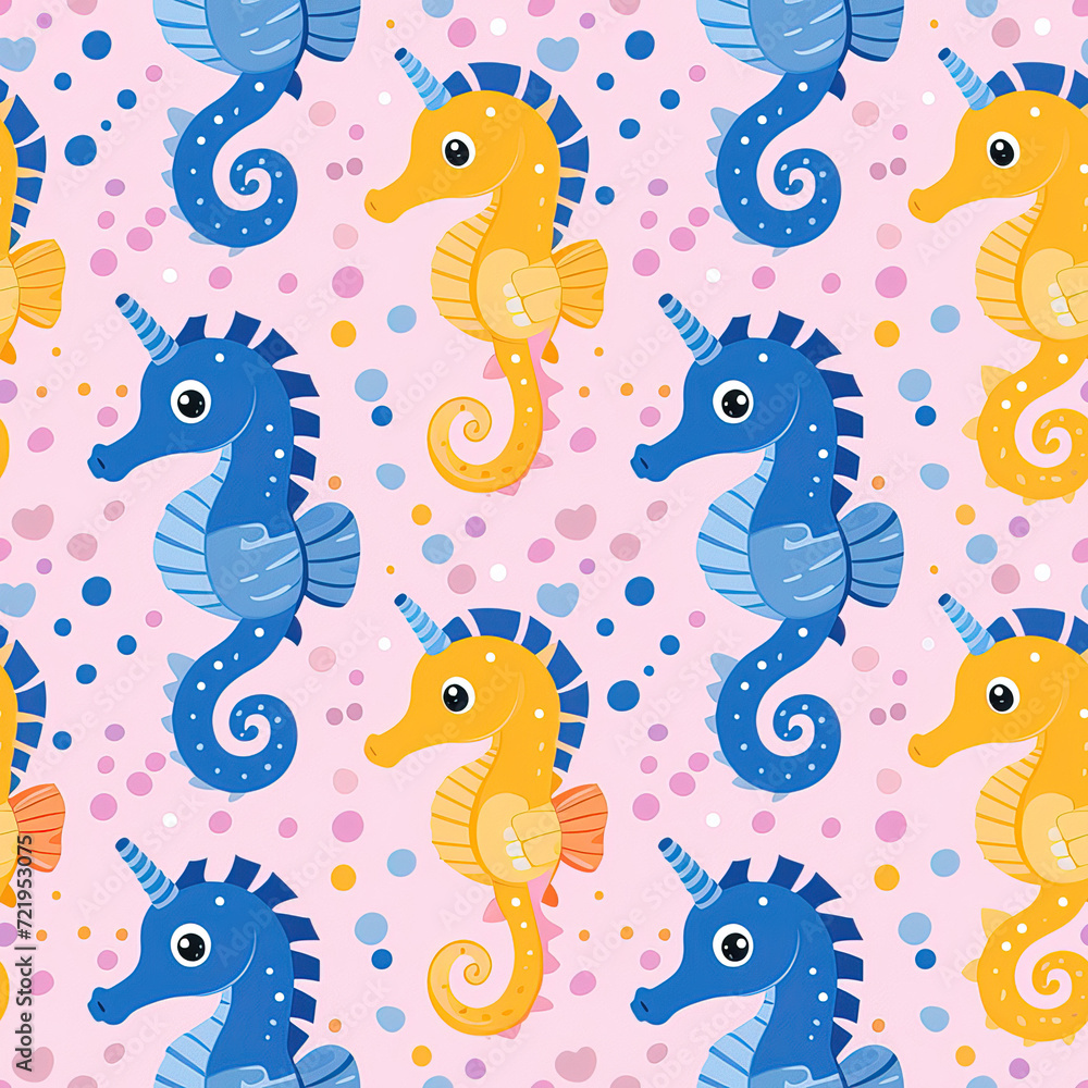Seahorses cartoon repeat pattern, cute ocean marine cartoon line art repetitive 