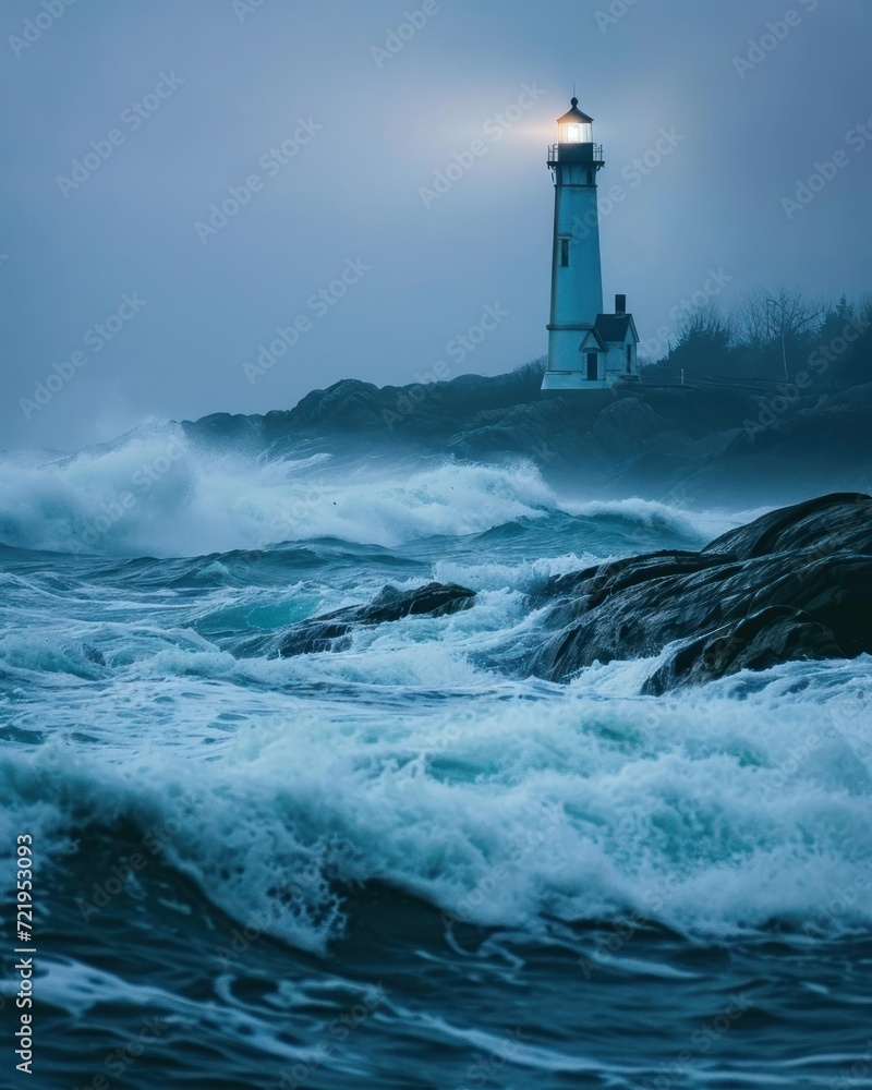 a lighthouse on a rocky shore with waves crashing