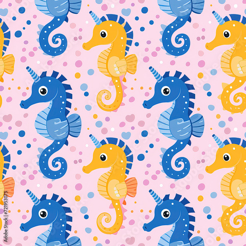 Seahorses cartoon repeat pattern  cute ocean marine cartoon line art repetitive 