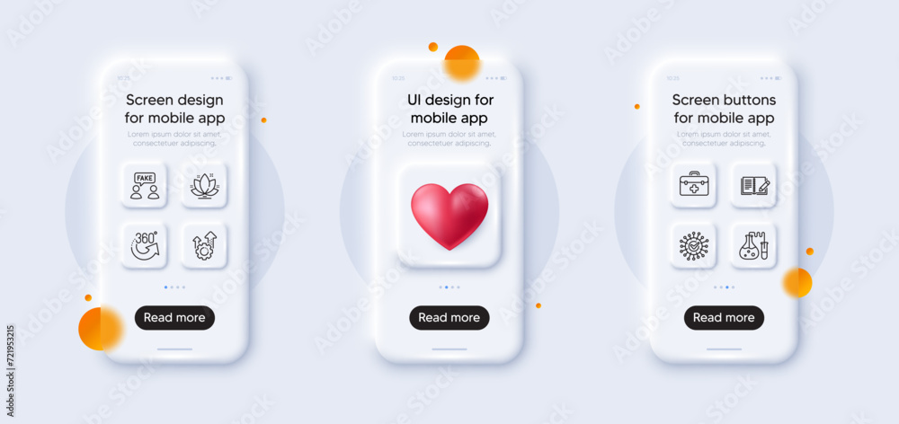 Seo gear, Lotus and 360 degrees line icons pack. 3d phone mockups with heart. Glass smartphone screen. First aid, Coronavirus, Fake information web icon. Feedback, Chemistry lab pictogram. Vector - obrazy, fototapety, plakaty 