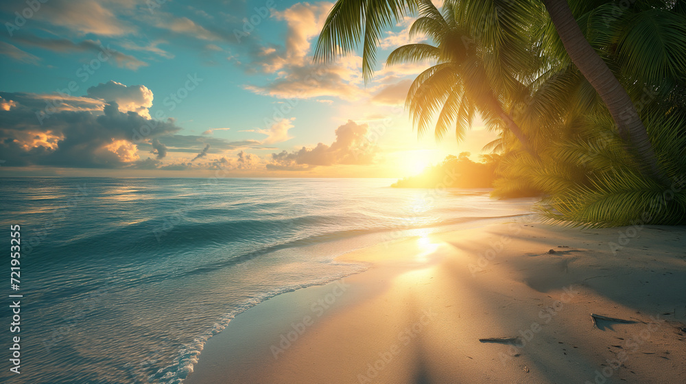 a beautiful tropical beach with palm trees, beautiful warm light - obrazy, fototapety, plakaty 